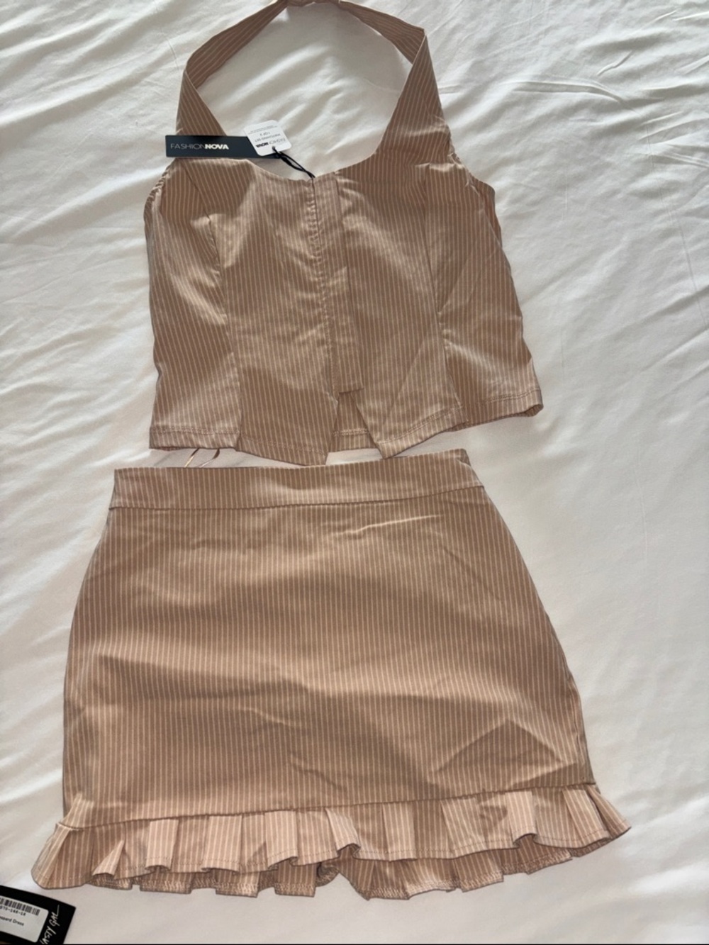 Fashion Nova Beige Pinstripe Halter Mini Skirt SET with Ruffle Hem